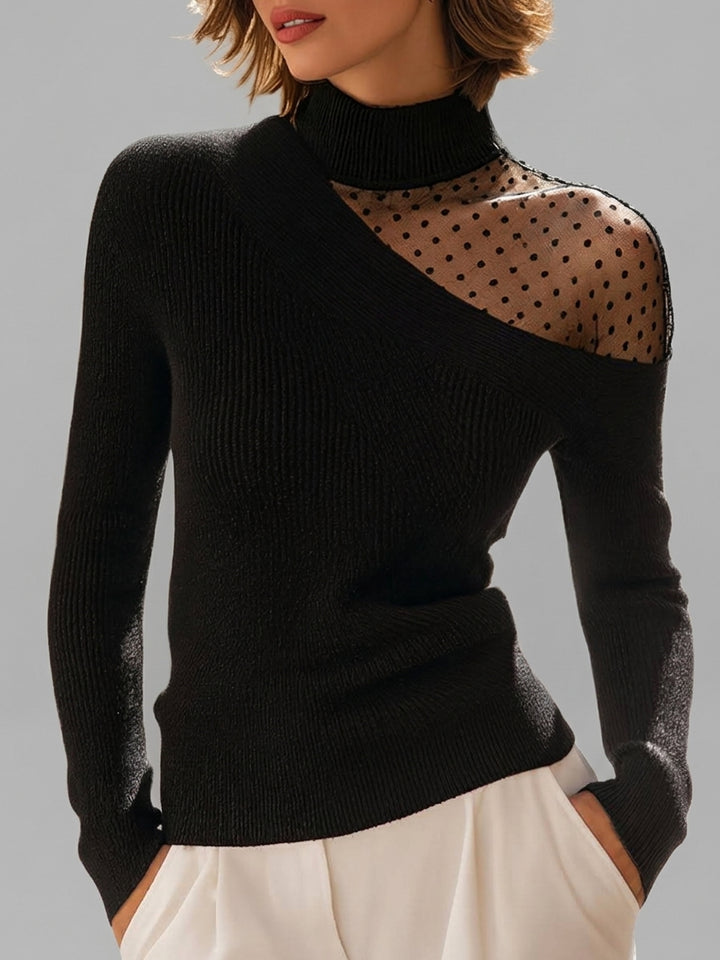 Nora - Women's Ribbed Mock-Neck Sweater with Asymmetrical Mesh Polka Dot Panel