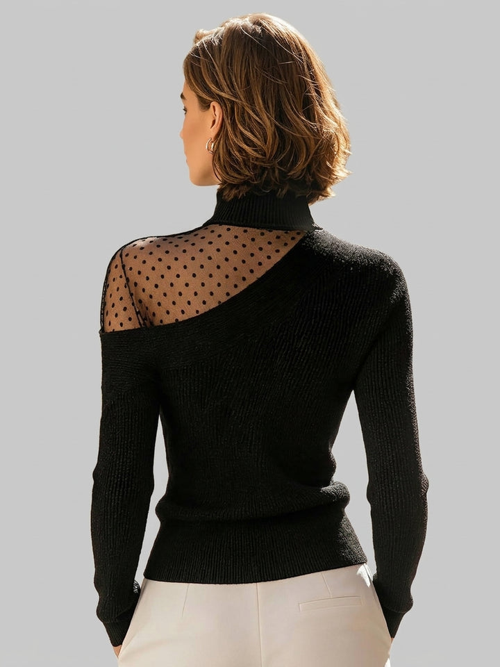 Nora - Women's Ribbed Mock-Neck Sweater with Asymmetrical Mesh Polka Dot Panel 2