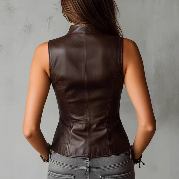 Odette - Women's Faux Leather Button-Front Corset-Style Vest
