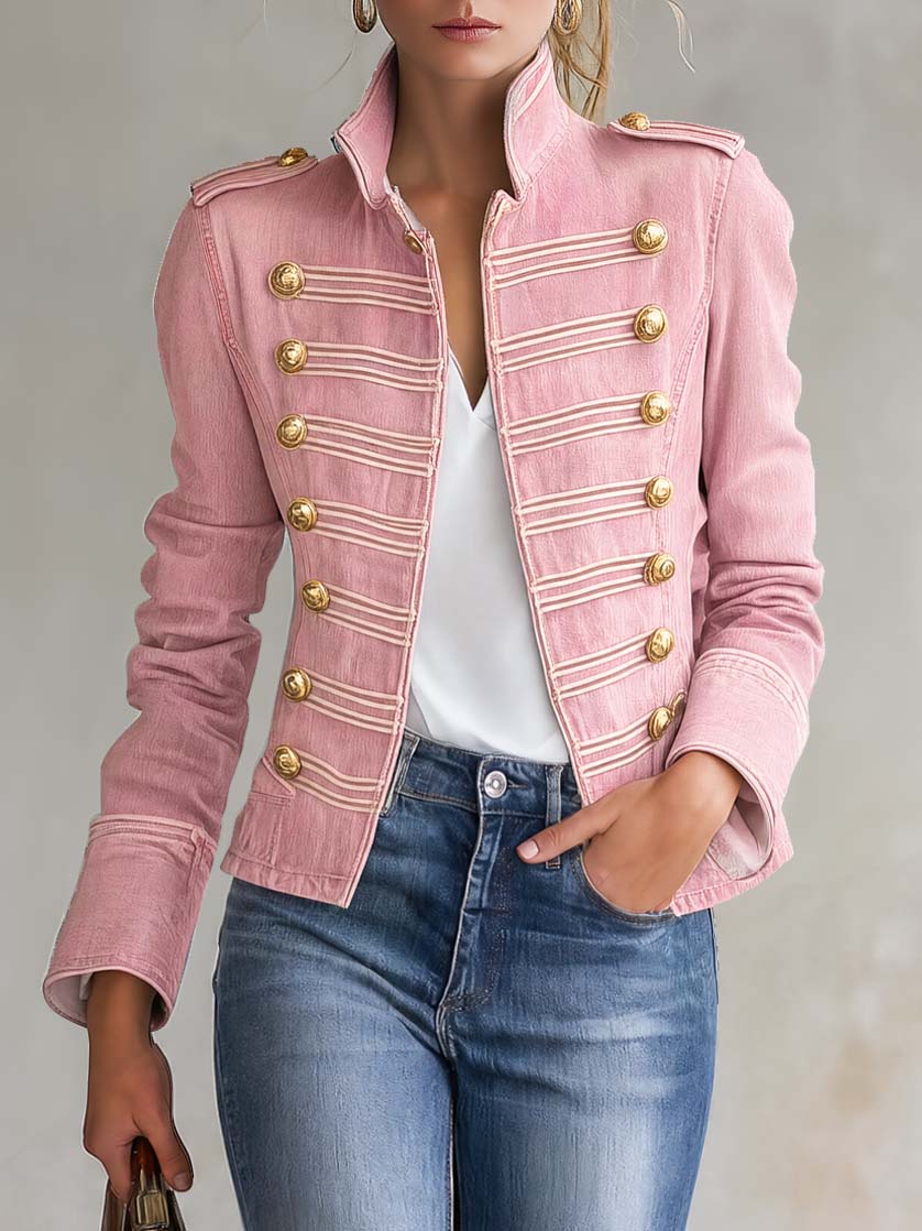 Ophelia - Women's Military-Style Double-Breasted Denim Jacket with Gold Buttons