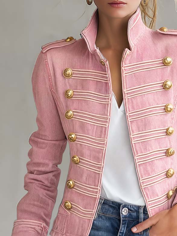 Ophelia - Women's Military-Style Double-Breasted Denim Jacket with Gold Buttons