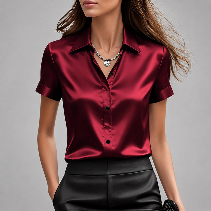 Paige - Women's Satin-Look Short Sleeve Button-Down Blouse
