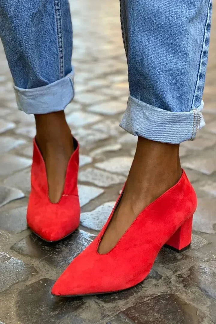 Paisley - Women's Suede Pointed-Toe Block Heel Pumps