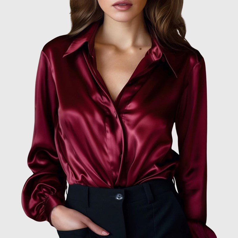 Rachel - Women's Long-Sleeve Satin Collared Blouse