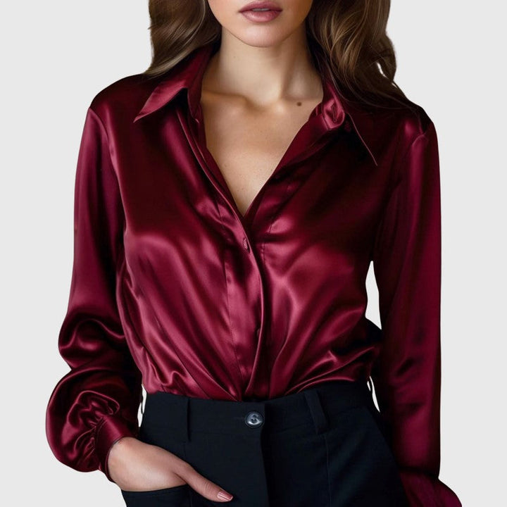 Rachel - Women's Long-Sleeve Satin Collared Blouse