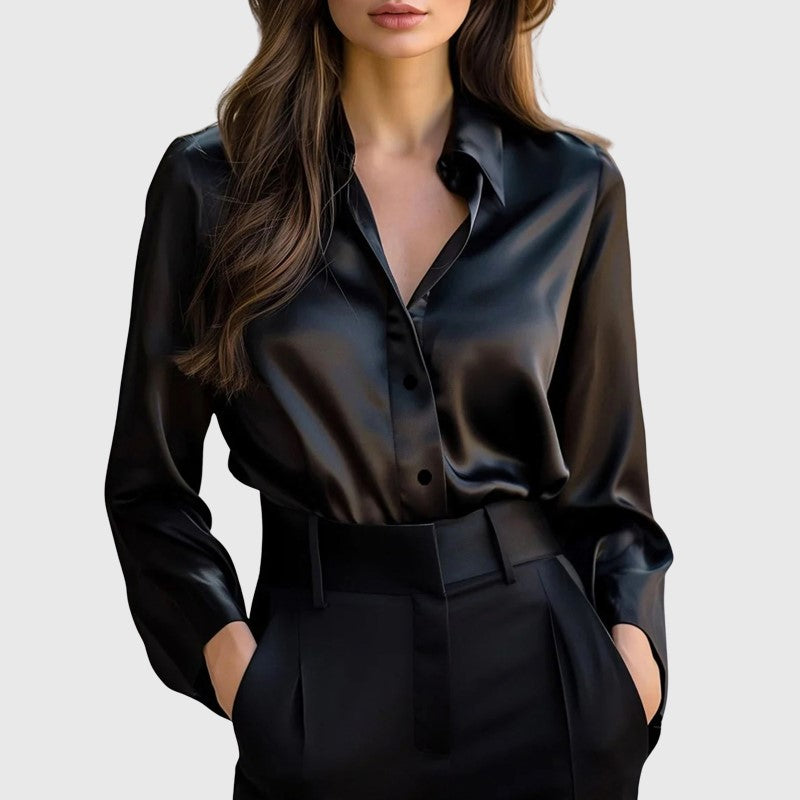 Rachel - Women's Long-Sleeve Satin Collared Blouse