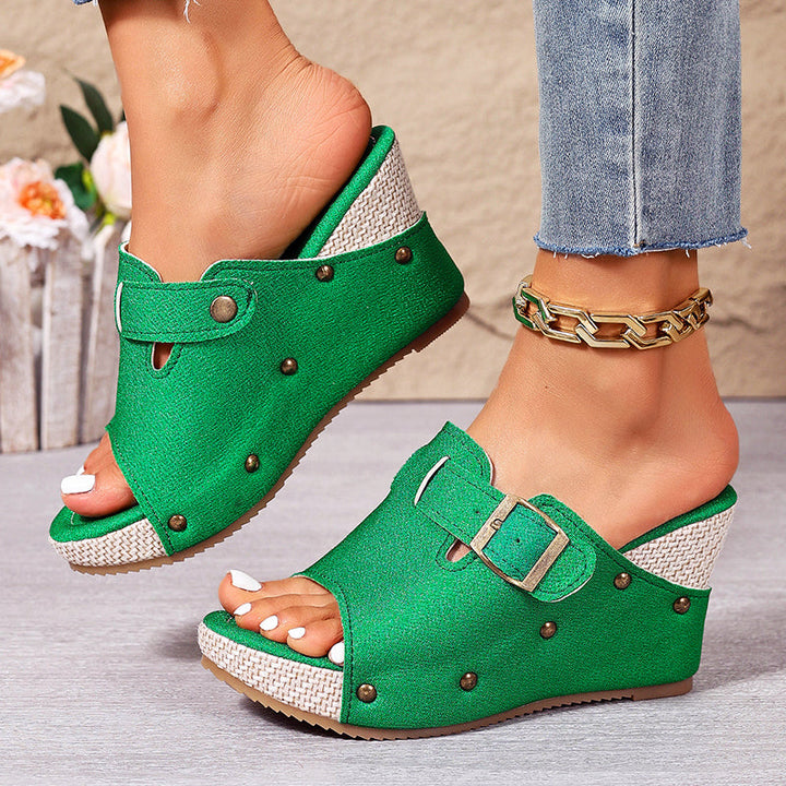 Rachel - Women’s Textured Buckled Wedge Sandals