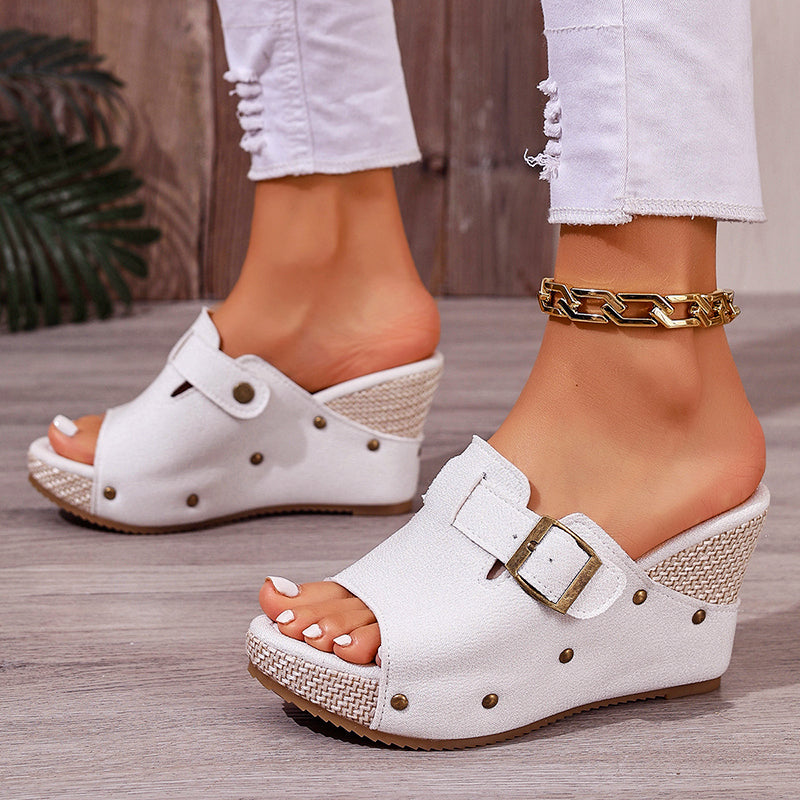 Rachel - Women’s Textured Buckled Wedge Sandals