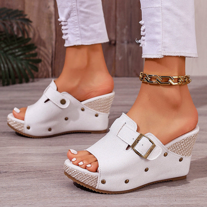Rachel - Women’s Textured Buckled Wedge Sandals