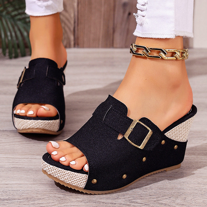 Rachel - Women’s Textured Buckled Wedge Sandals
