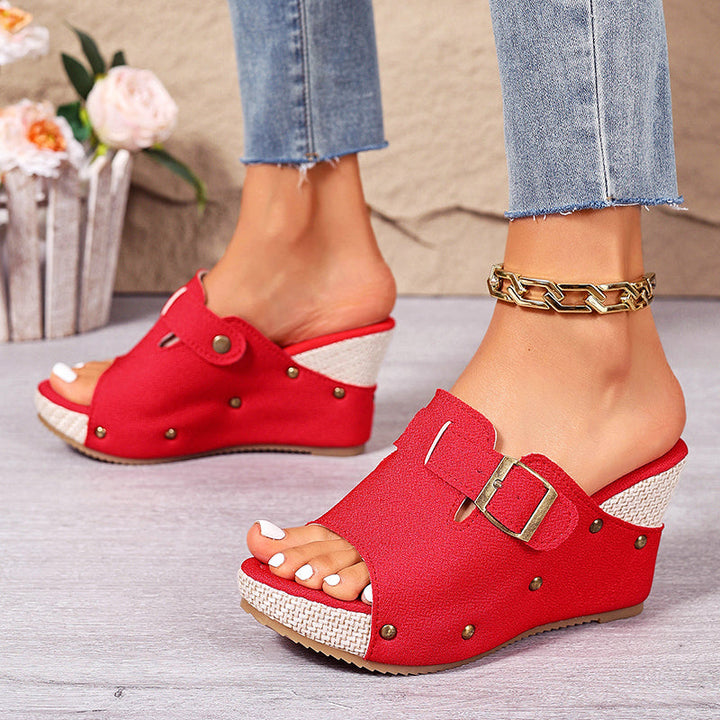 Rachel - Women’s Textured Buckled Wedge Sandals