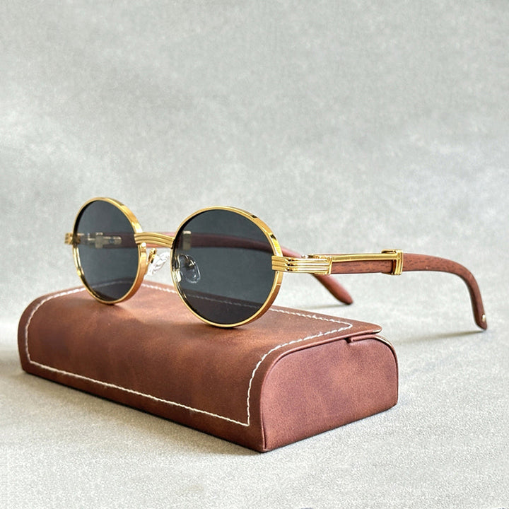 Retro Oval Sunglasses with Wood Temples