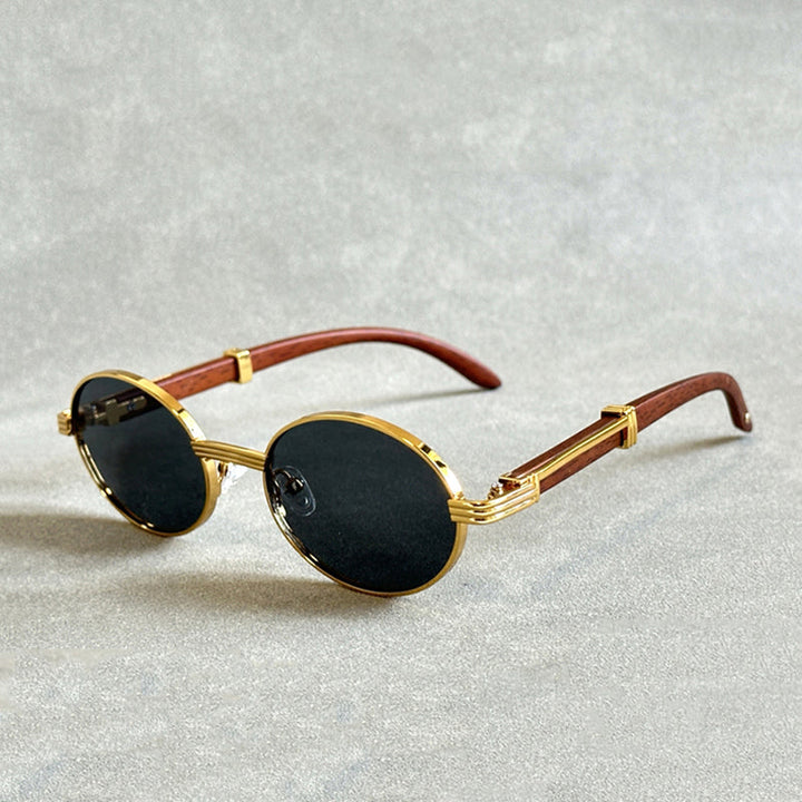 Retro Oval Sunglasses with Wood Temples
