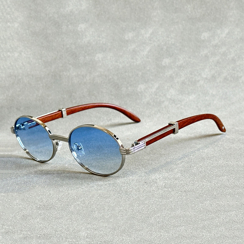 Retro Oval Sunglasses with Wood Temples