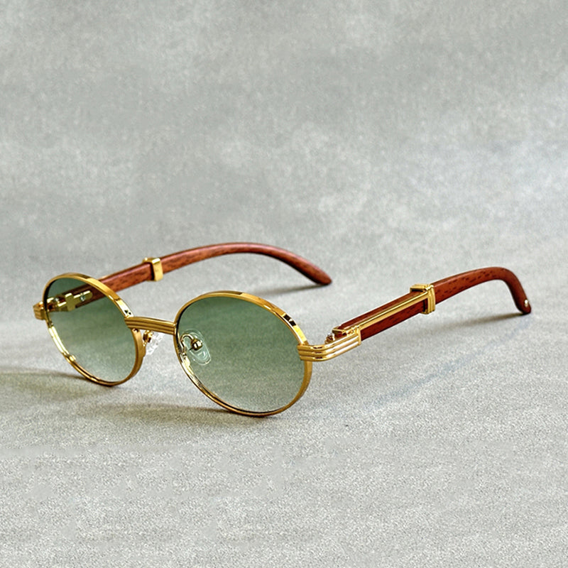 Retro Oval Sunglasses with Wood Temples