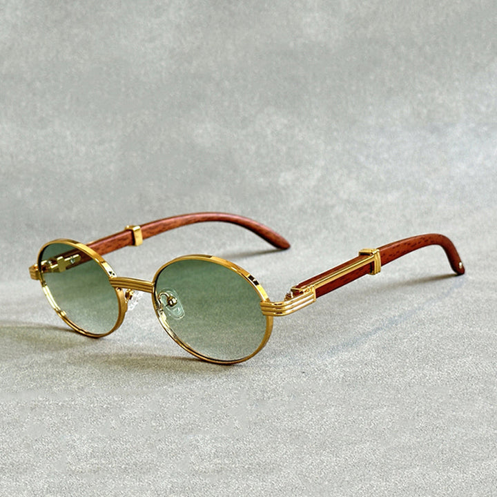 Retro Oval Sunglasses with Wood Temples