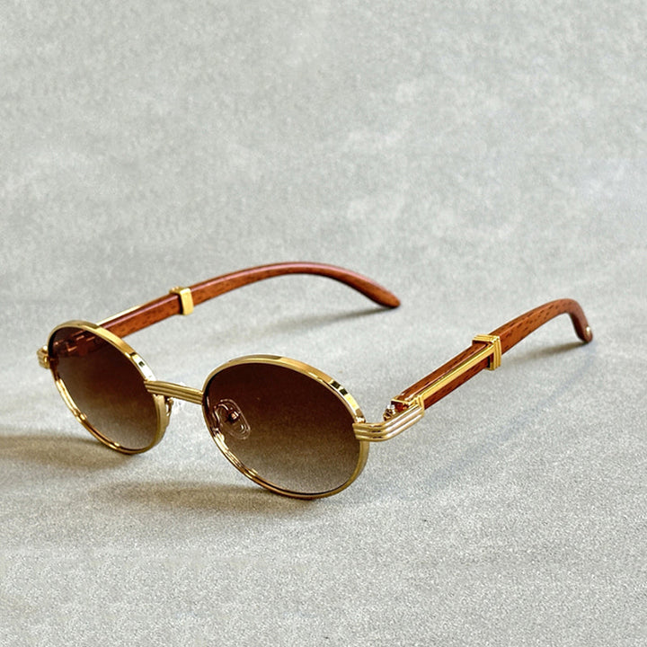 Retro Oval Sunglasses with Wood Temples
