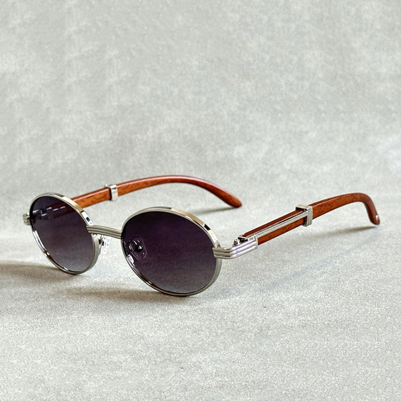 Retro Oval Sunglasses with Wood Temples