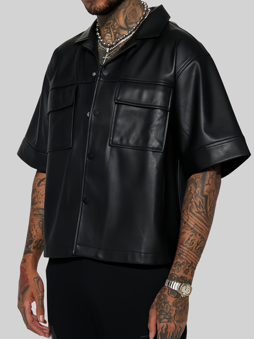 Rick - Men's Short Sleeve Faux Leather Jacket with Flap Pockets 1