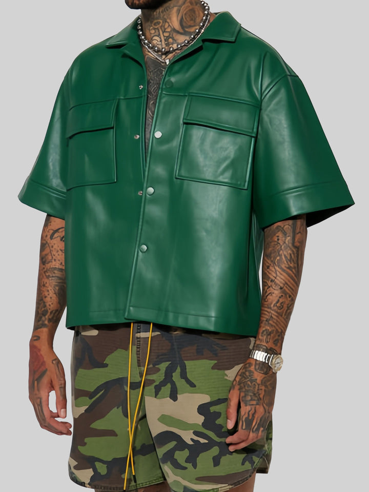 Rick - Men's Short Sleeve Faux Leather Jacket with Flap Pockets 3