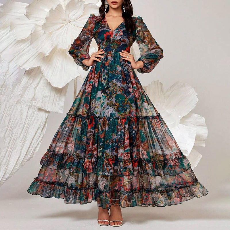 Rose - Women’s Sheer Floral Ruffle Maxi Dress
