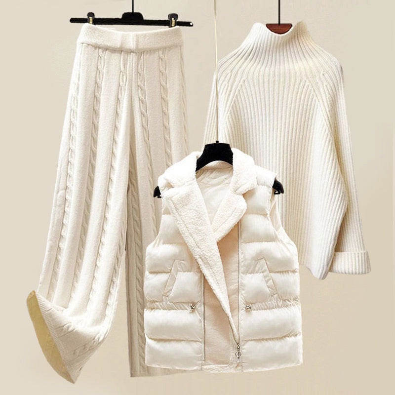 Rosie - Women's Cozy Knit Mock-Neck Sweater & Puffer Vest 3-Piece Set