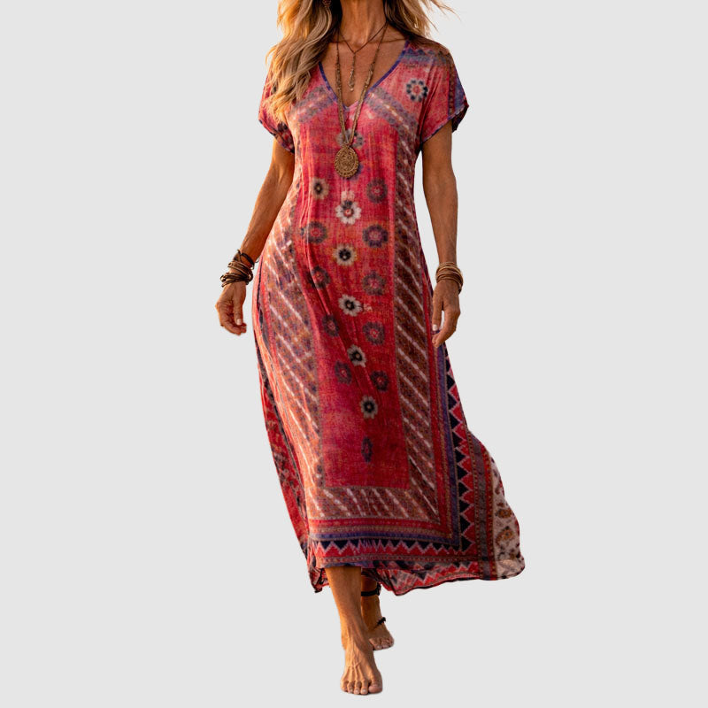 Sabrina - Women's Boho Print V-Neck Short Sleeve Dress