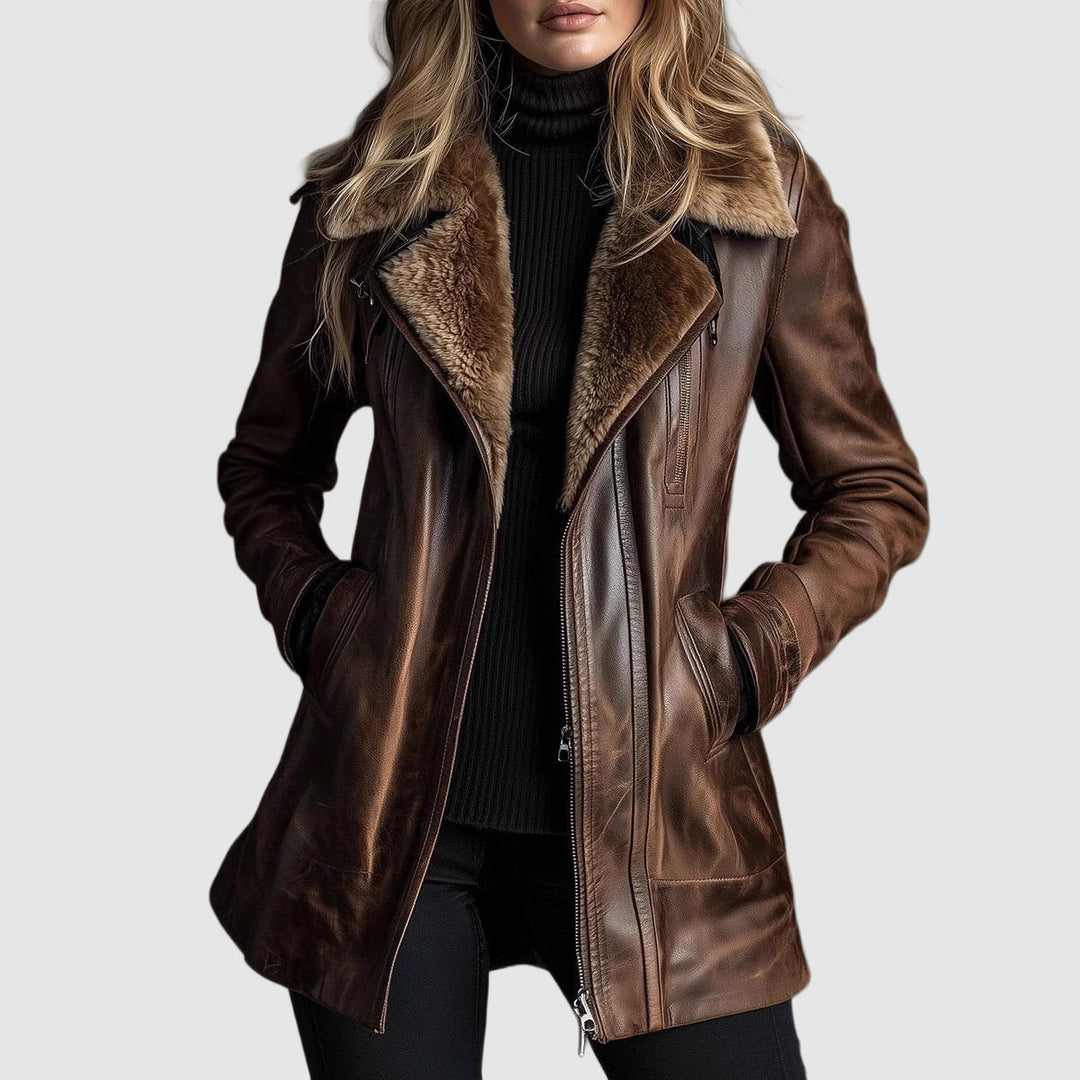 Samara - Women's Leather Jacket with Shearling Fur Collar & Zip Front