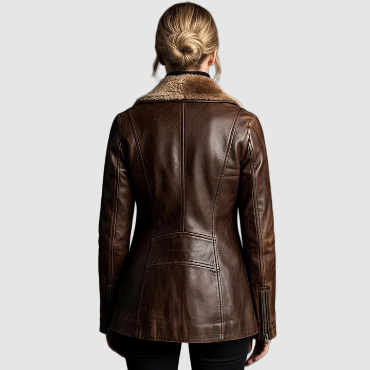 Samara - Women's Leather Jacket with Shearling Fur Collar & Zip Front