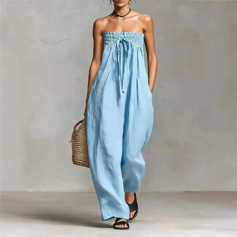 Sarah - Women's Strapless Drawstring Wide-Leg Jumpsuit