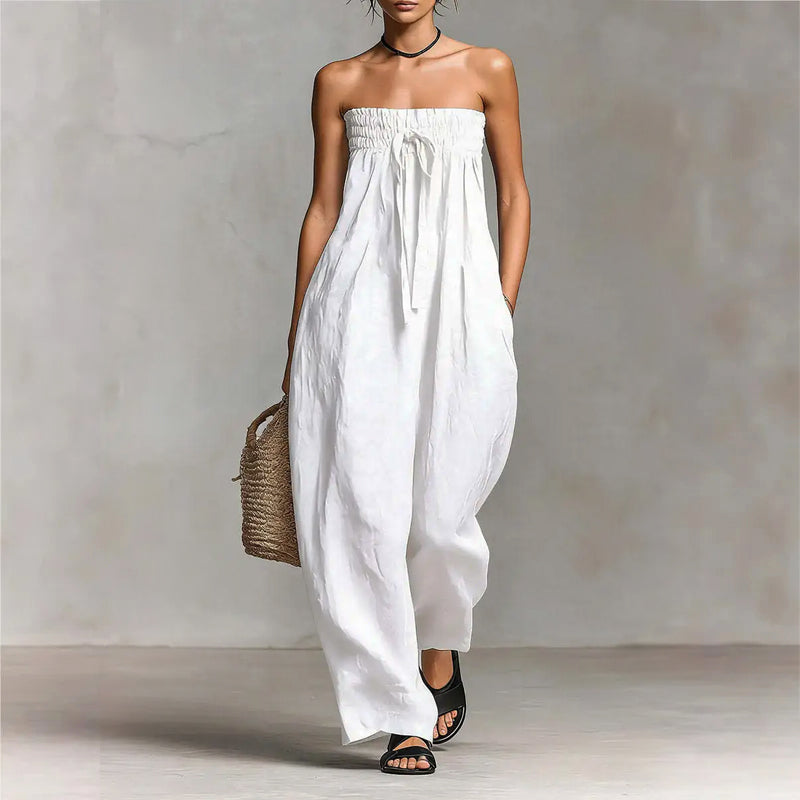 Sarah - Women's Strapless Drawstring Wide-Leg Jumpsuit