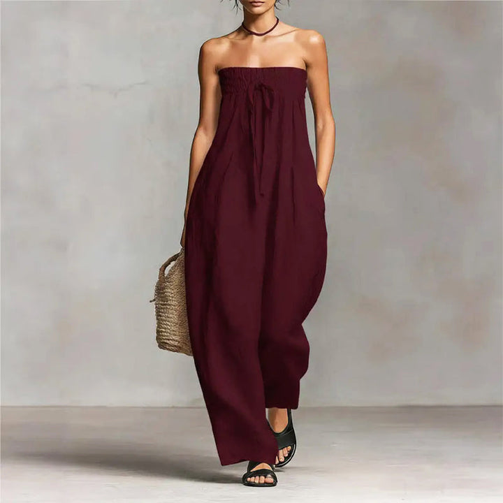 Sarah - Women's Strapless Drawstring Wide-Leg Jumpsuit