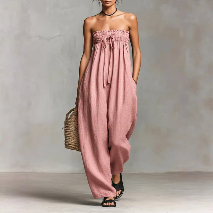 Sarah - Women's Strapless Drawstring Wide-Leg Jumpsuit