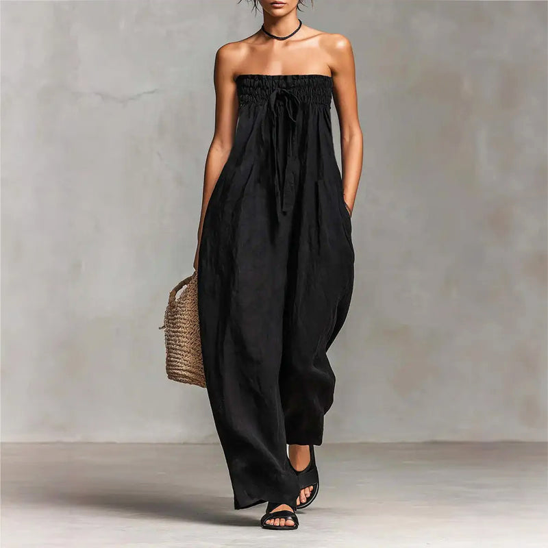 Sarah - Women's Strapless Drawstring Wide-Leg Jumpsuit