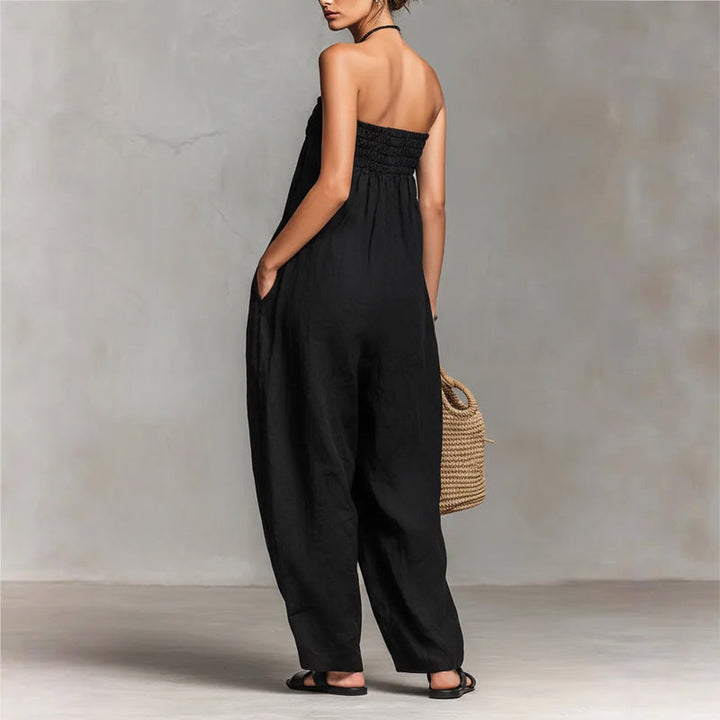 Sarah - Women's Strapless Drawstring Wide-Leg Jumpsuit