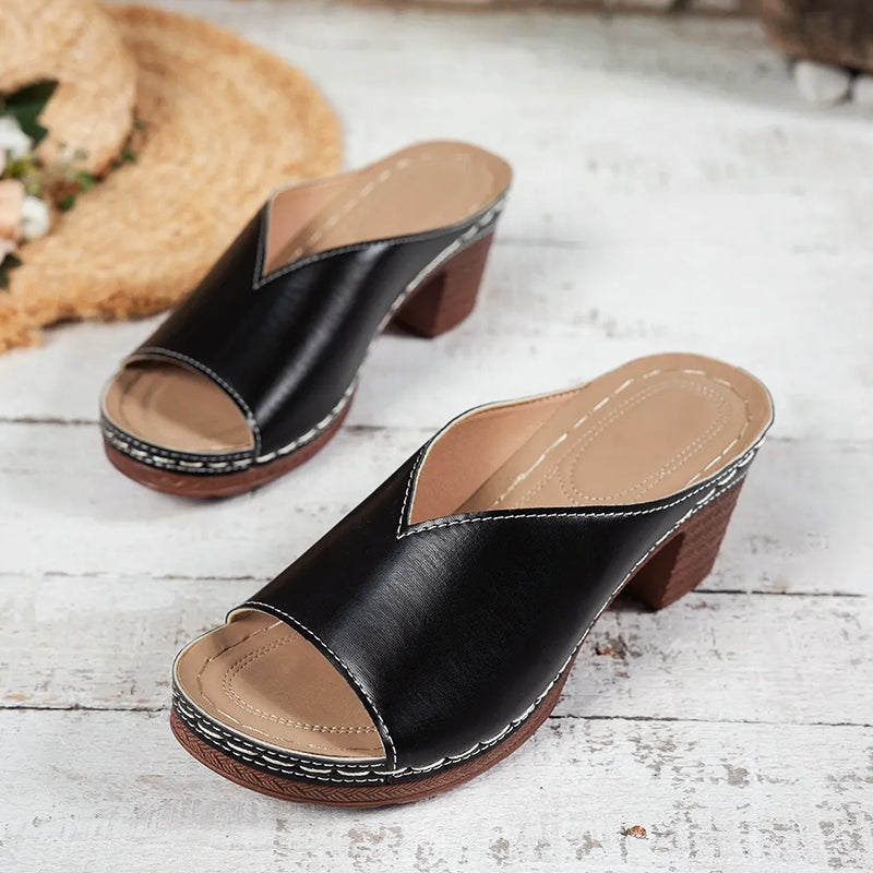 Skylar - Women's Wide Strap Stacked Heel Slide Sandals