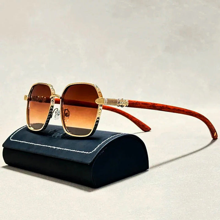 Square Sunglasses with Wood-Style Temples