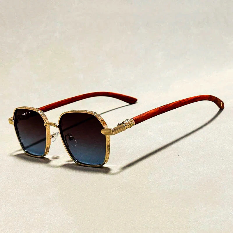 Square Sunglasses with Wood-Style Temples