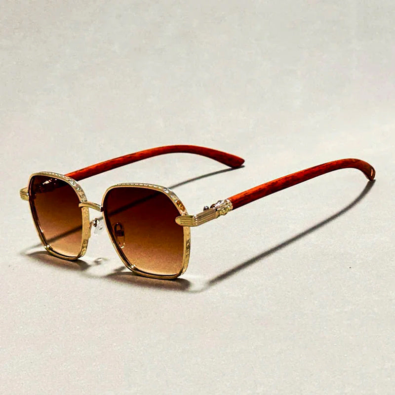 Square Sunglasses with Wood-Style Temples