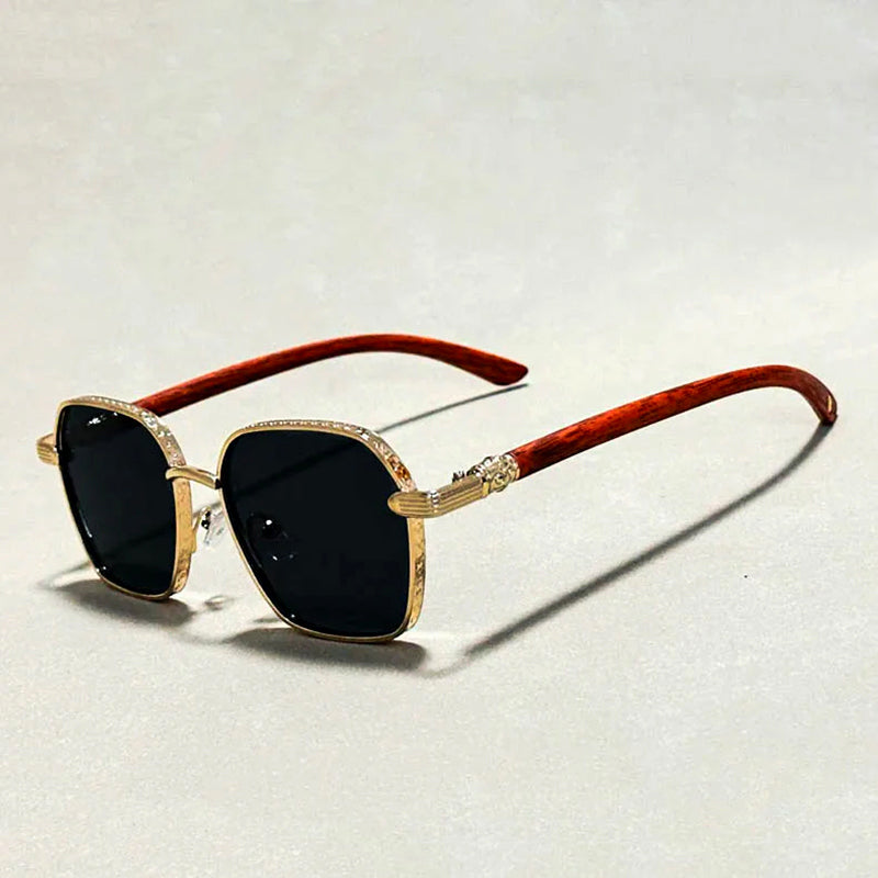 Square Sunglasses with Wood-Style Temples