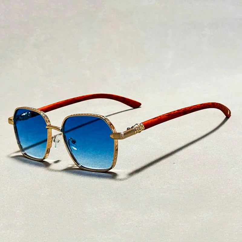 Square Sunglasses with Wood-Style Temples