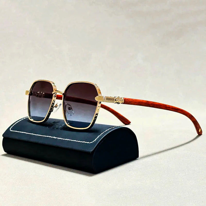 Square Sunglasses with Wood-Style Temples