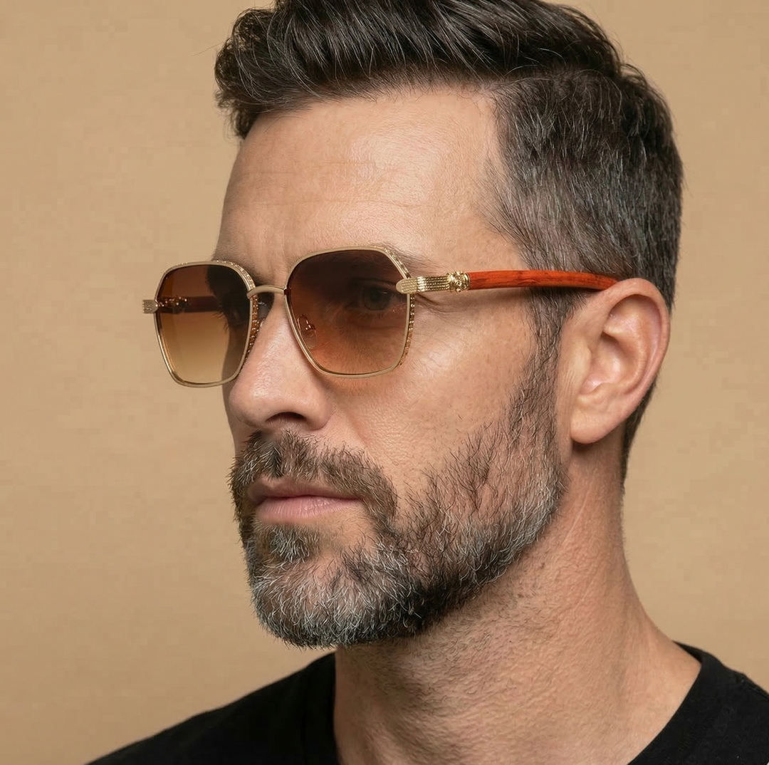Square Sunglasses with Wood-Style Temples