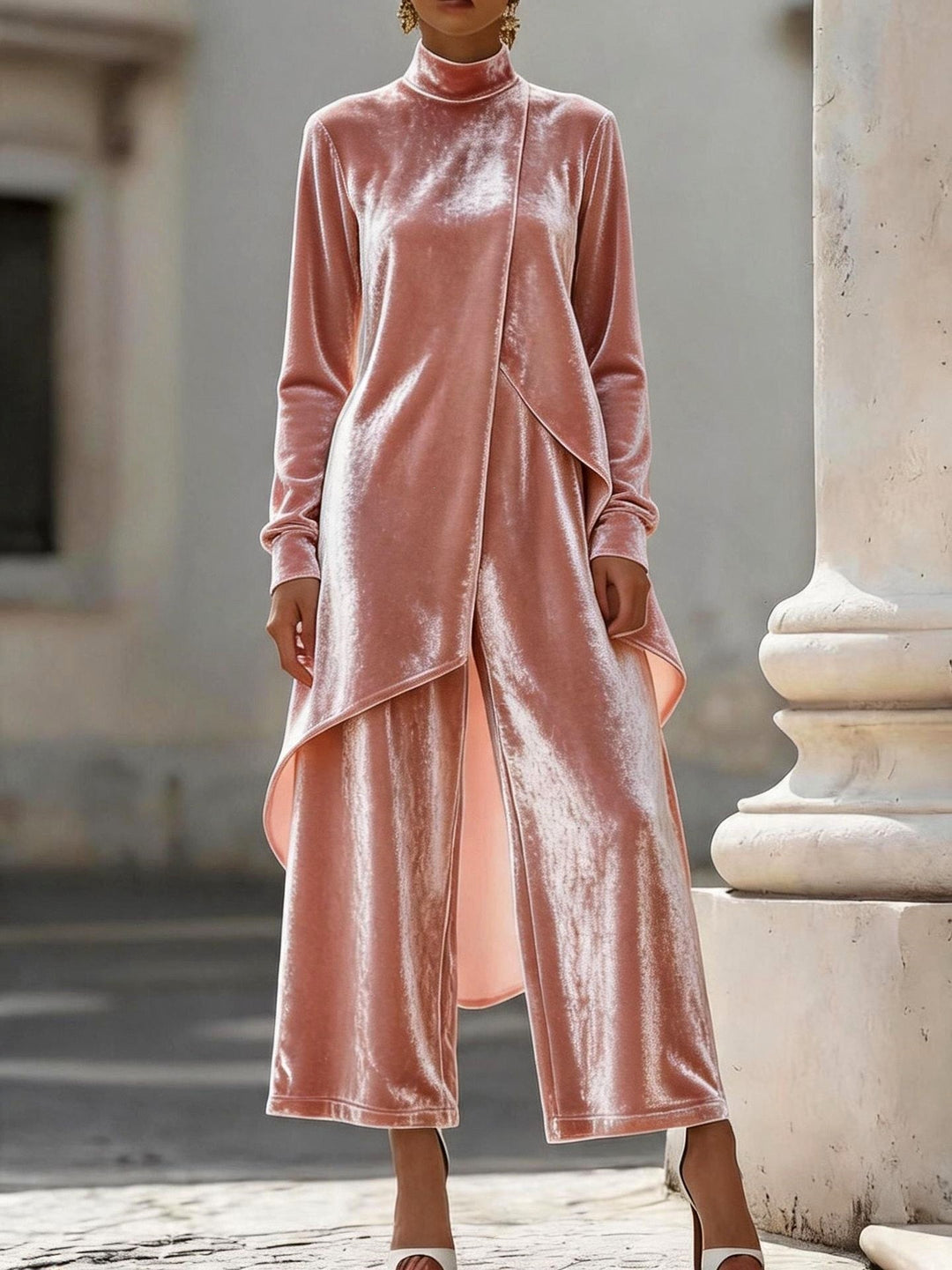 Taylor - Women’s Velvet High Neck Top & Wide Leg Pants Set