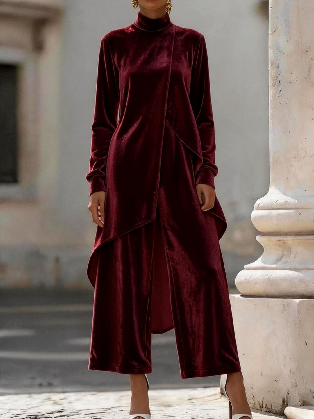 Taylor - Women’s Velvet High Neck Top & Wide Leg Pants Set