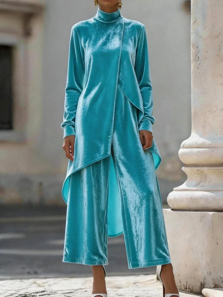 Taylor - Women’s Velvet High Neck Top & Wide Leg Pants Set