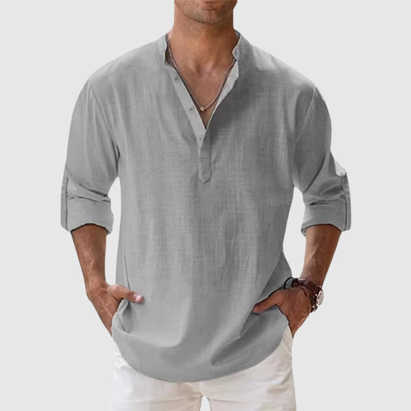 Terry - Men’s Linen Look Mandarin Collar Shirt