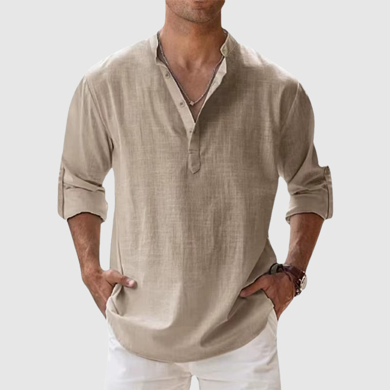 Terry - Men’s Linen Look Mandarin Collar Shirt