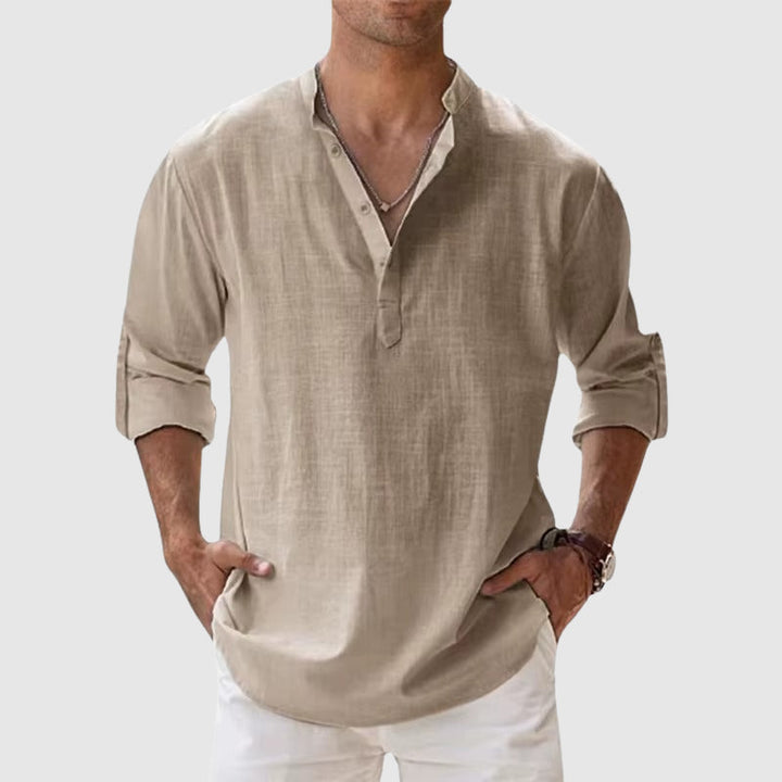 Terry - Men’s Linen Look Mandarin Collar Shirt