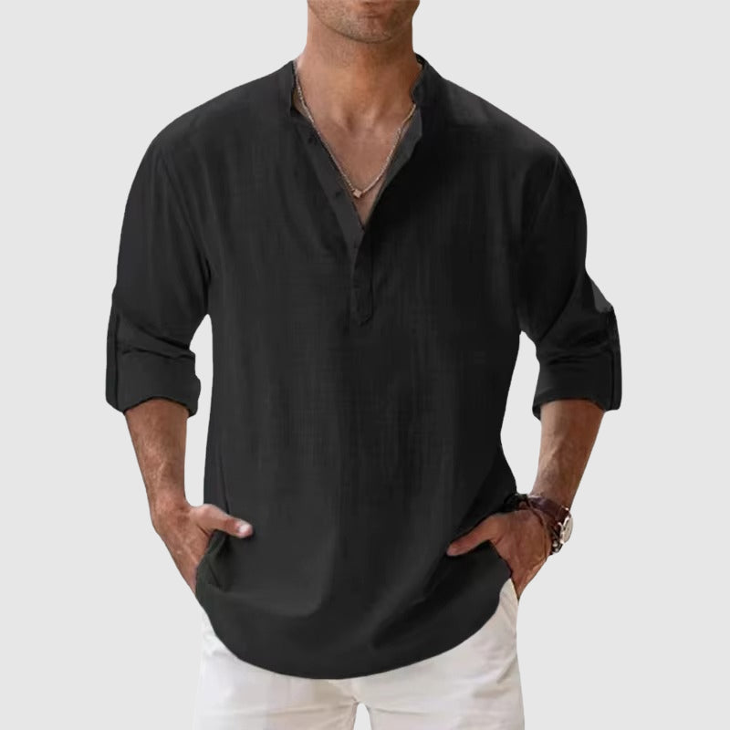 Terry - Men’s Linen Look Mandarin Collar Shirt